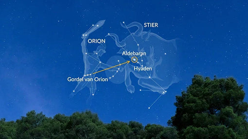 Sterrenhemel met de constellaties Orion en Stier, met de heldere ster Aldebaran zichtbaar. Een nachtelijk tafereel van kosmische schoonheid en mysterie
