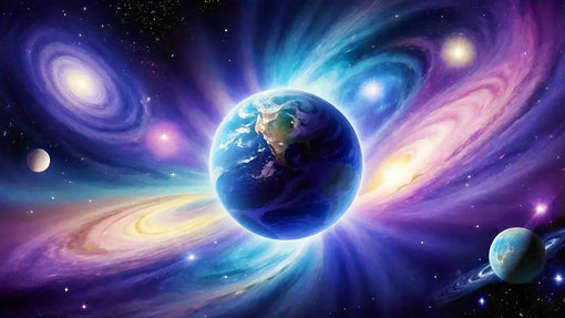 De kosmos met planeten en sterren als symbool van verbinding, oneindigheid en universele energie.