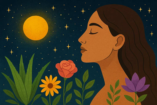 Illustratie van een serene vrouw tussen bloemen en planten onder een sterrenhemel, symbool voor de verbinding tussen kosmos, natuur en natuurlijke huidverzorging.