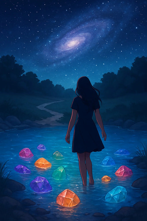 Schitterende afbeelding van een vrouw bij een water met daarin edelstenen en een prachtige sterrenhemel in natuurlijke omgeving. De beschrijving van een droom.