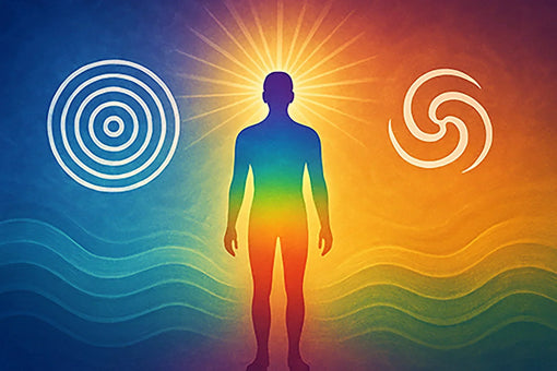 Afbeelding van een menselijk silhouet in regenboogkleuren met lichttaaltekens en zonnestralen rond het hoofd