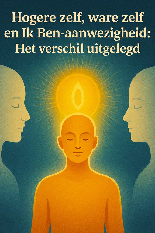 Afbeelding die het hogere zelf, ware zelf en ik ben aanwezigheid laat zien, in blauw, geel en oranje tinten, met verlichtte zon boven het kruin van de middelste persoon