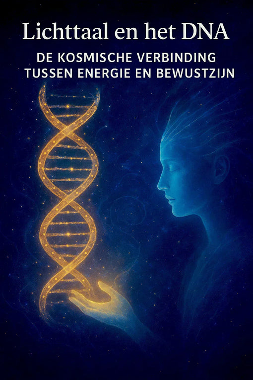 Digitale illustratie van een gouden DNA-helix die straalt in een kosmisch blauw universum, met een etherische menselijke figuur die het DNA met de hand aanraakt — symbool voor de verbinding tussen lichttaal, energie en bewustzijn.