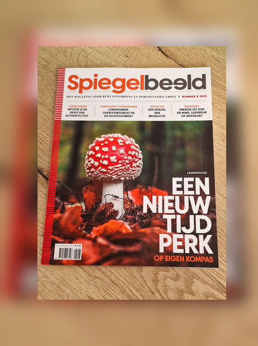Foto van het tijdschrift Spiegelbeeld waarin een artikel over het boek 'Het licht van de sterren' staat, inclusief bespreking van de spirituele inzichten en lichttaal van het boek.