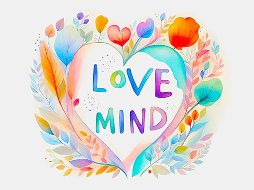 Een hartvorm in vrolijke pastelkleuren, omringd door de woorden 'Love' en 'Mind' in speelse letters.