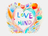 Een hartvorm in vrolijke pastelkleuren, omringd door de woorden 'Love' en 'Mind' in speelse letters.