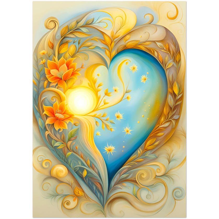 Kaartenset met een liefdeshart met licht, bloemen en spiralen