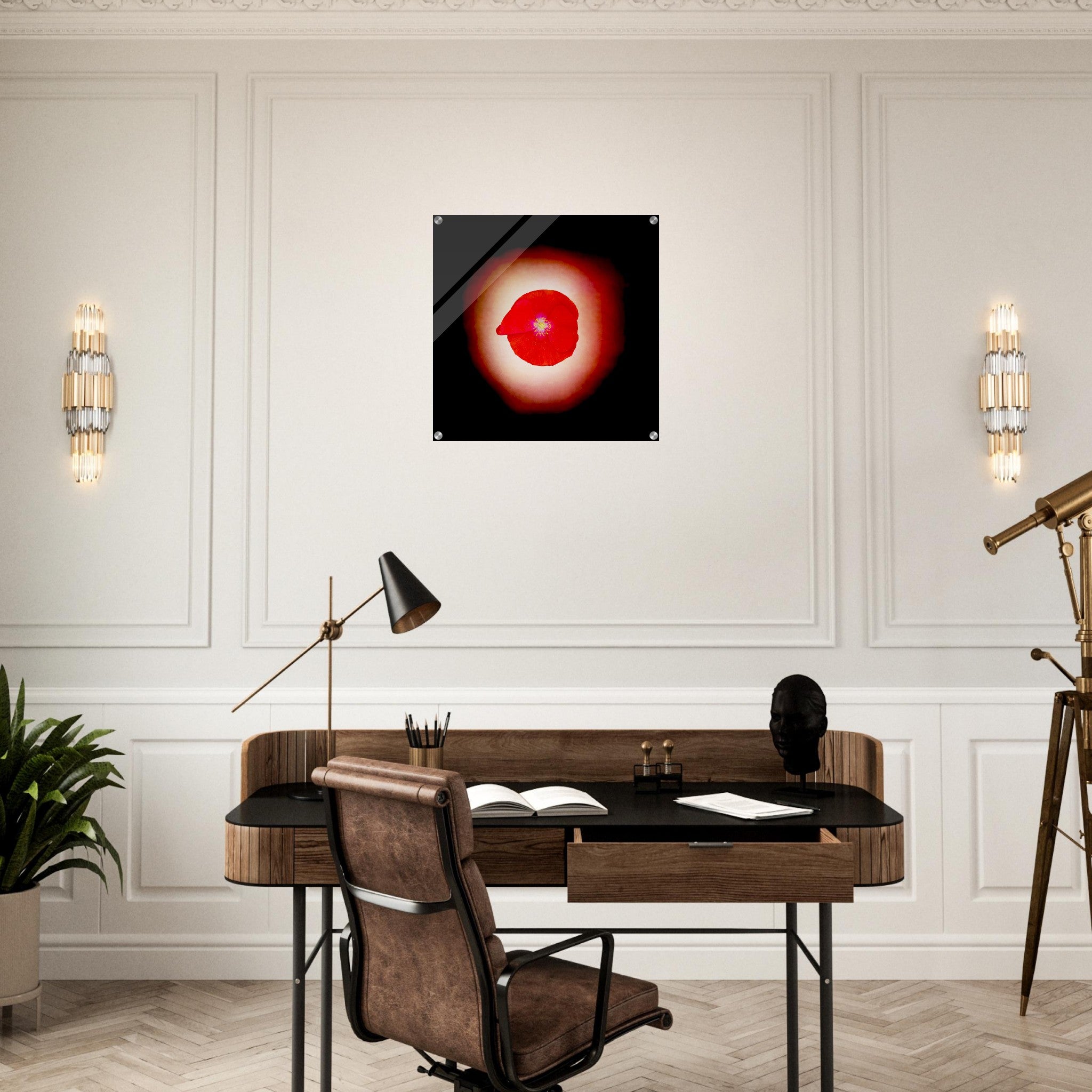 Acrylprint van een prachtige rode lichtbol met op de voorgrond een klaproos