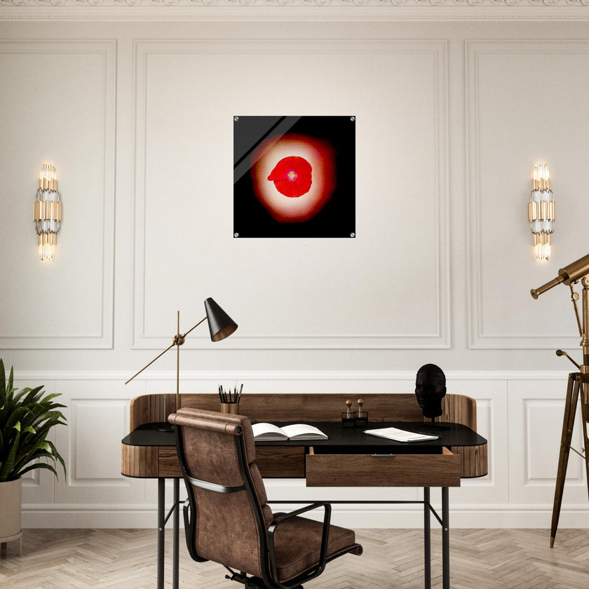 Acrylprint van een prachtige rode lichtbol met op de voorgrond een klaproos