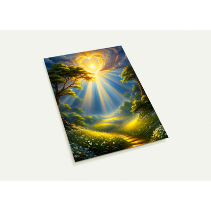 Kaartenset met een gouden hart dat het landschap verlicht met zonnestralen