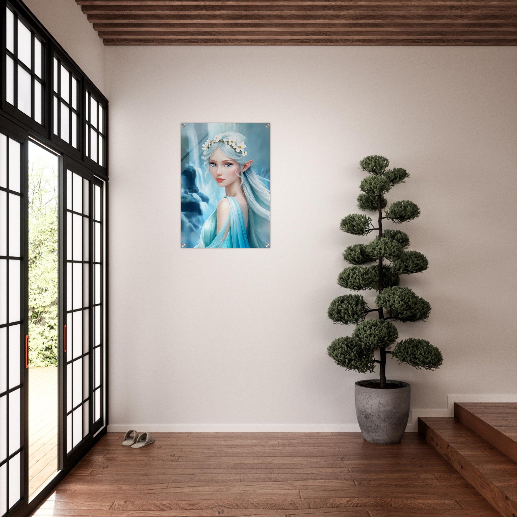 Acrylglas kunstwerk van een prachtig aquablauw elfje voor een waterval