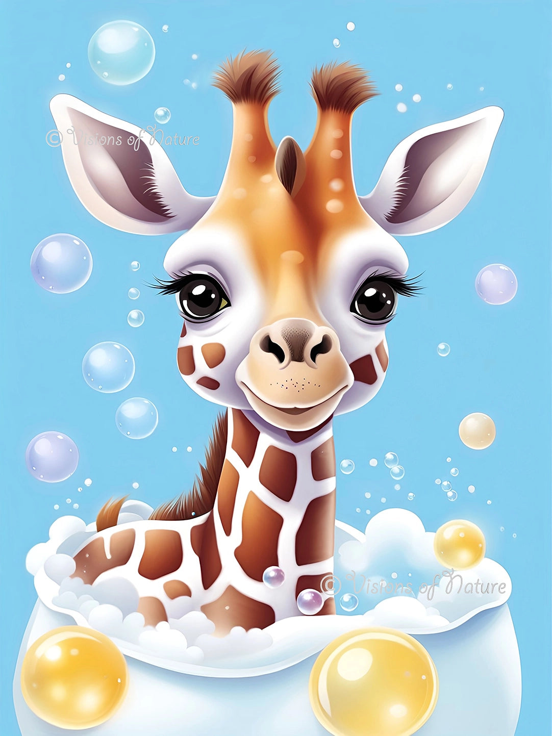 Foto van een handgemaakte digitale artprint van een vrolijk girafje dat geniet van een badje vol zeepbellen. Het girafje straalt speelsheid, liefde en blijdschap uit met zijn stralende oogjes en levendige kleuren. De print is gedrukt op luxe Photo Paper Luster Pro van 240 gram met zijdeglans afwerking, waardoor de details en tinten prachtig tot hun recht komen. Een hartverwarmend kunstwerk dat een glimlach brengt in elke ruimte.