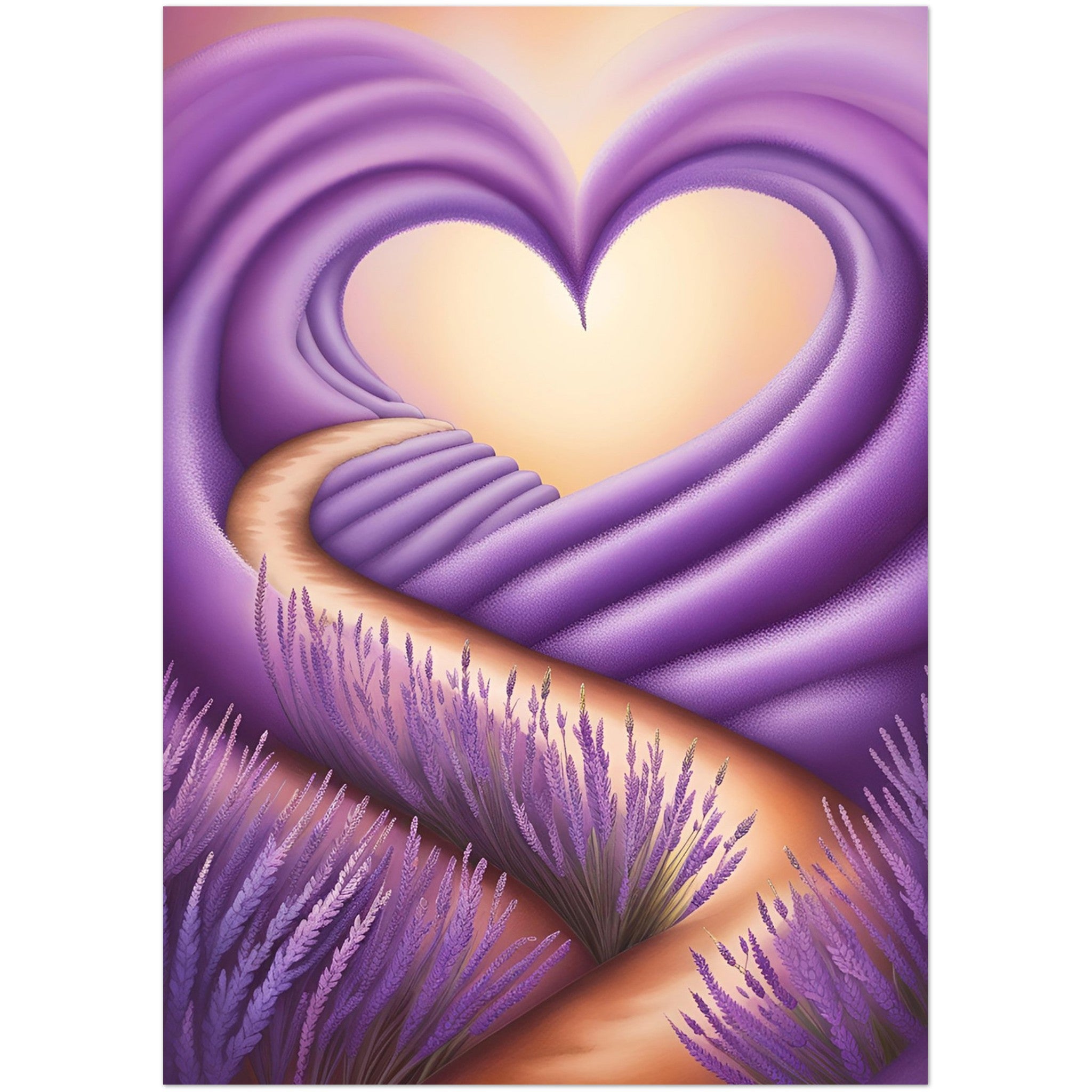 Kaartenset met een liefdeshart van paarse lavendel met slingerend pad
