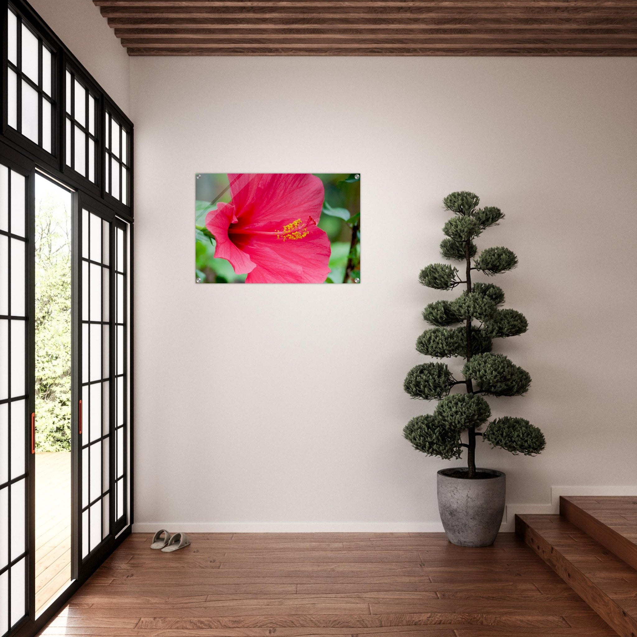 Acrylglas wanddecoratie met een stralende rode hibiscus