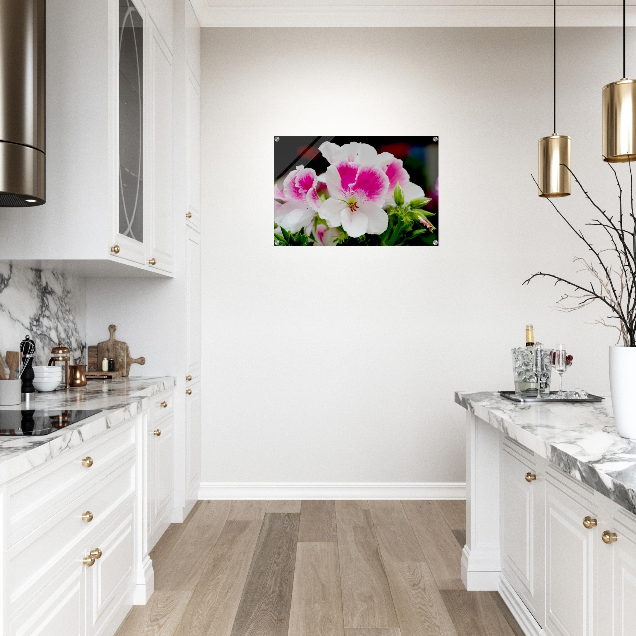 Acrylglas wanddecoratie met een schitterende Franse geranium in roze en witte tinten