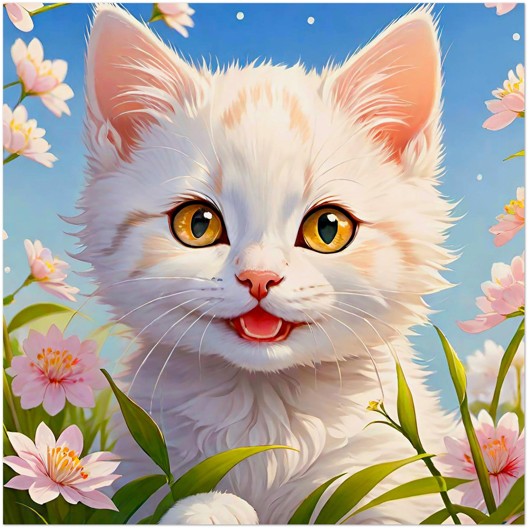 Kaartenset van een schattig poesje omringd met roze bloemen