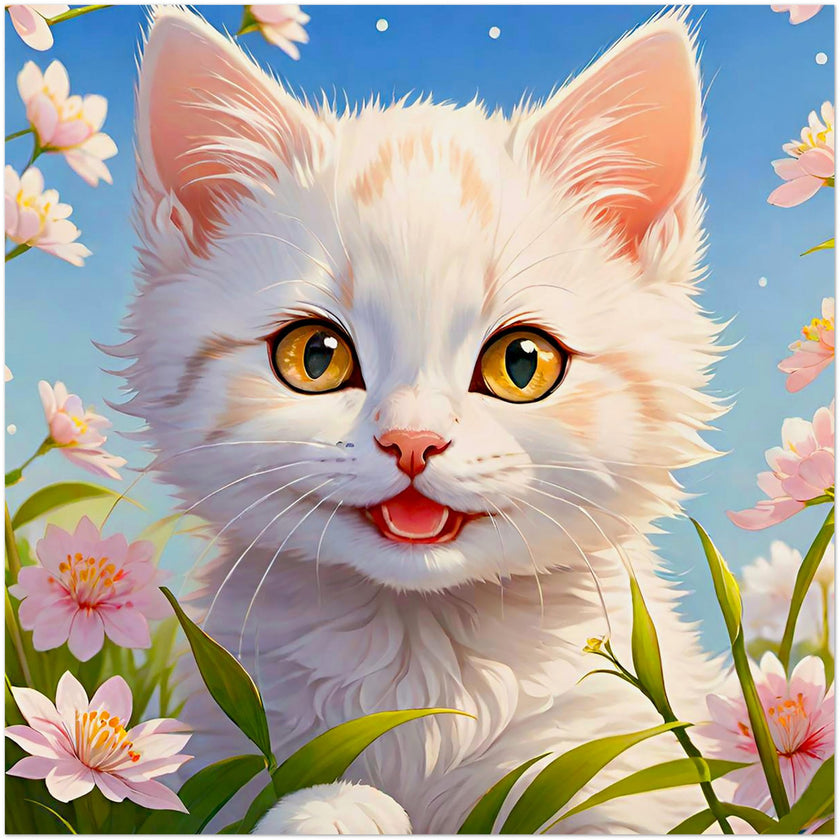 Kaartenset van een schattig poesje omringd met roze bloemen