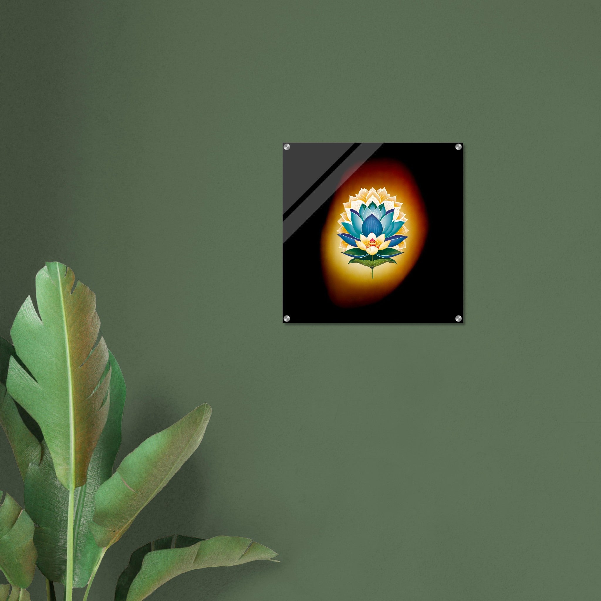 Acrylprint van een prachtige echte lichtbol met op de voorgrond een lotusbloem