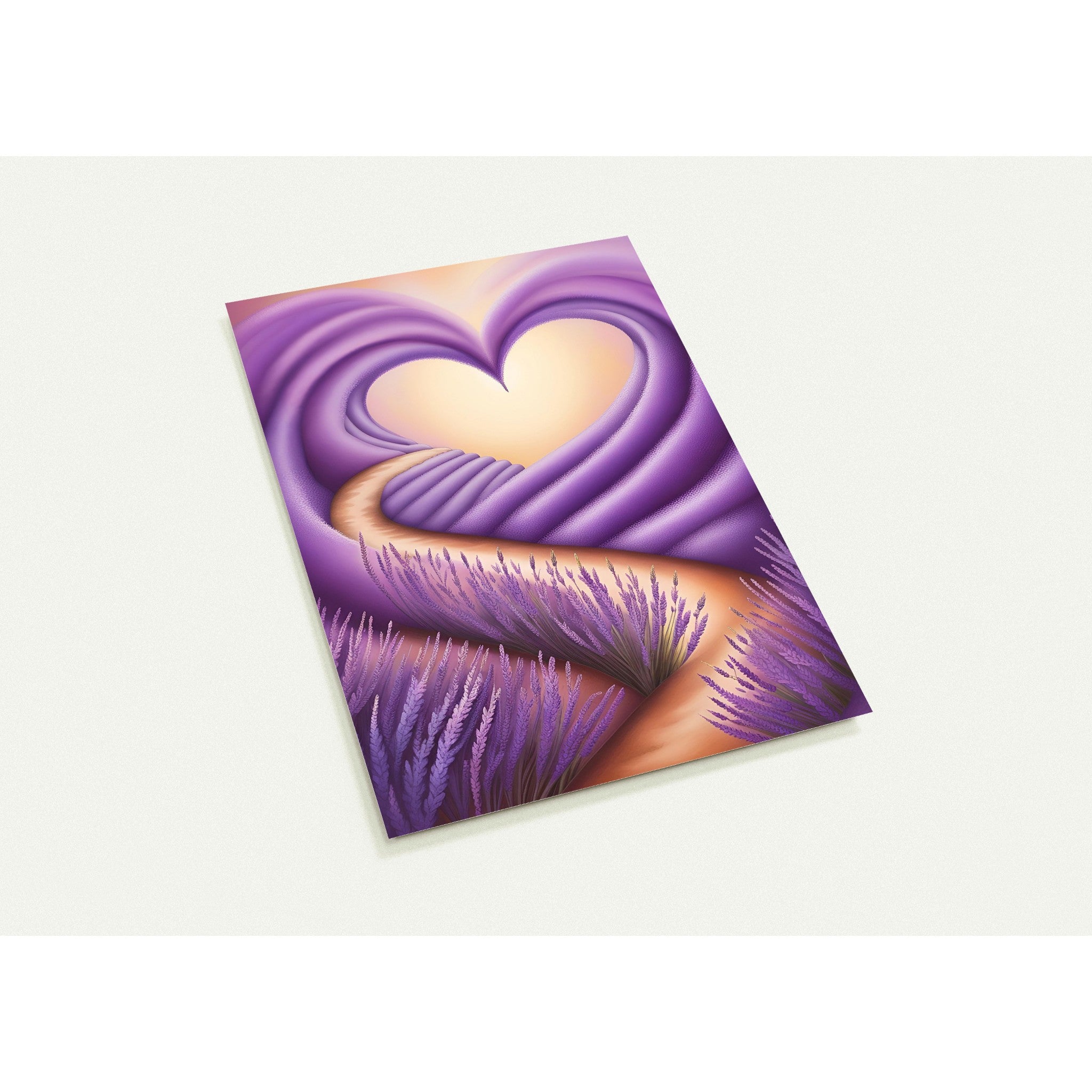 Kaartenset met een liefdeshart van paarse lavendel met slingerend pad