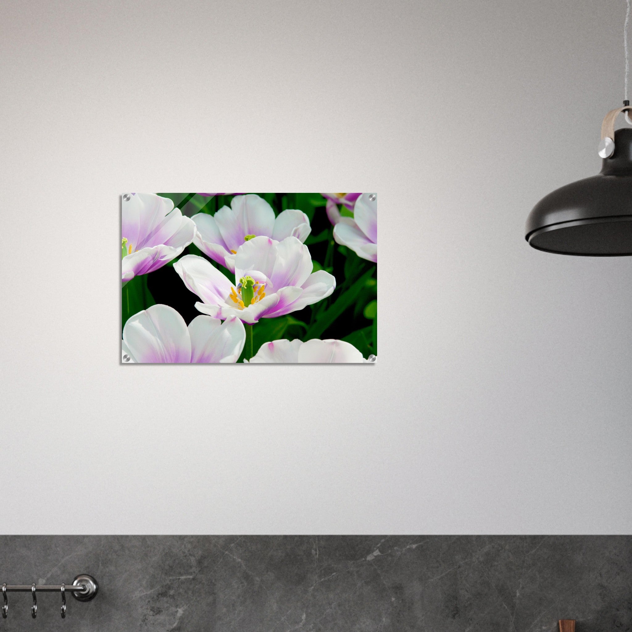 Acrylglas wanddecoratie met schitterende tulpen in lila met wit