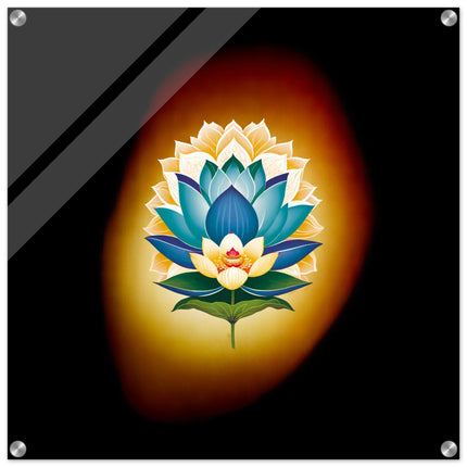 Acrylprint van een prachtige echte lichtbol met op de voorgrond een lotusbloem