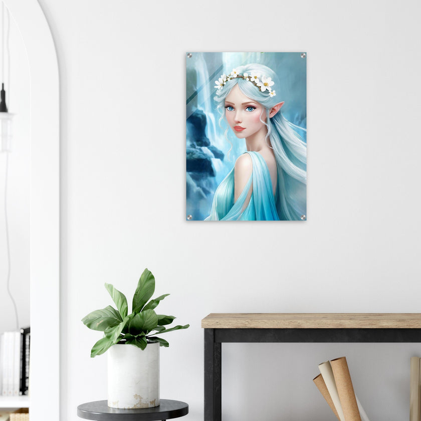 Acrylglas kunstwerk van een prachtig aquablauw elfje voor een waterval