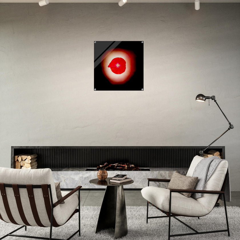 Acrylprint van een prachtige rode lichtbol met op de voorgrond een klaproos