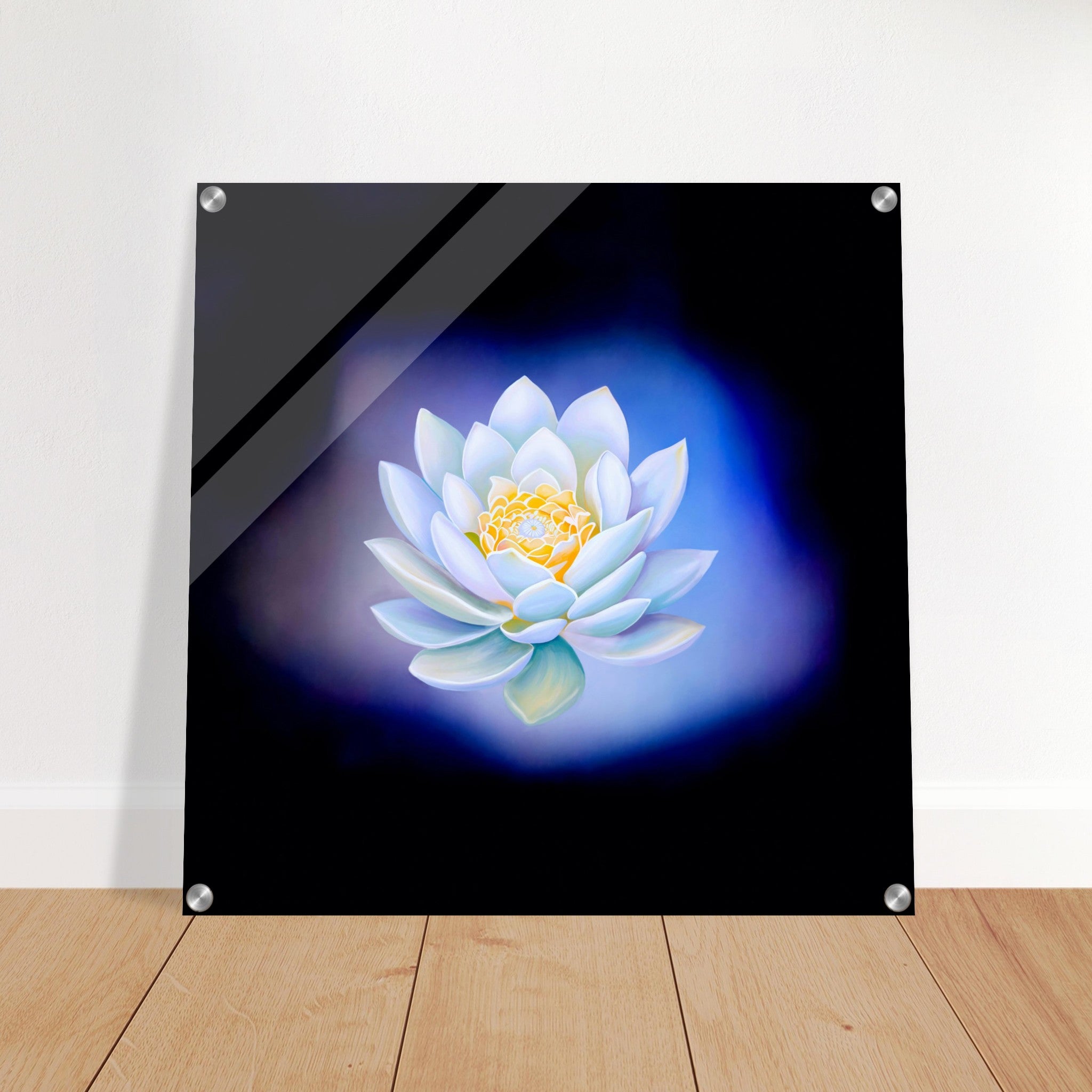 Acrylprint van een prachtige blauwe lichtbol met op de voorgrond een lotusbloem
