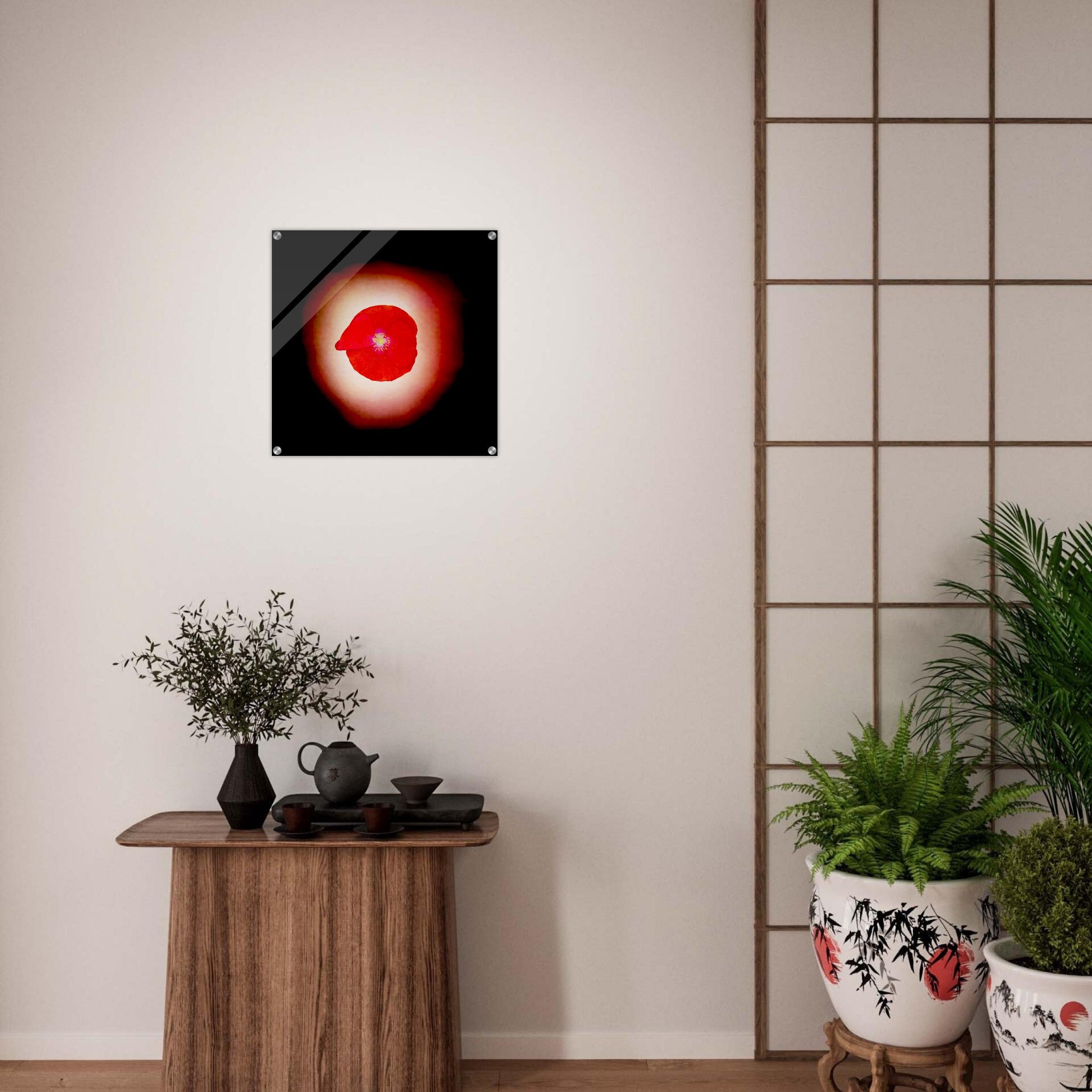 Acrylprint van een prachtige rode lichtbol met op de voorgrond een klaproos
