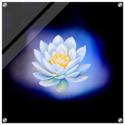 Acrylprint van een prachtige blauwe lichtbol met op de voorgrond een lotusbloem