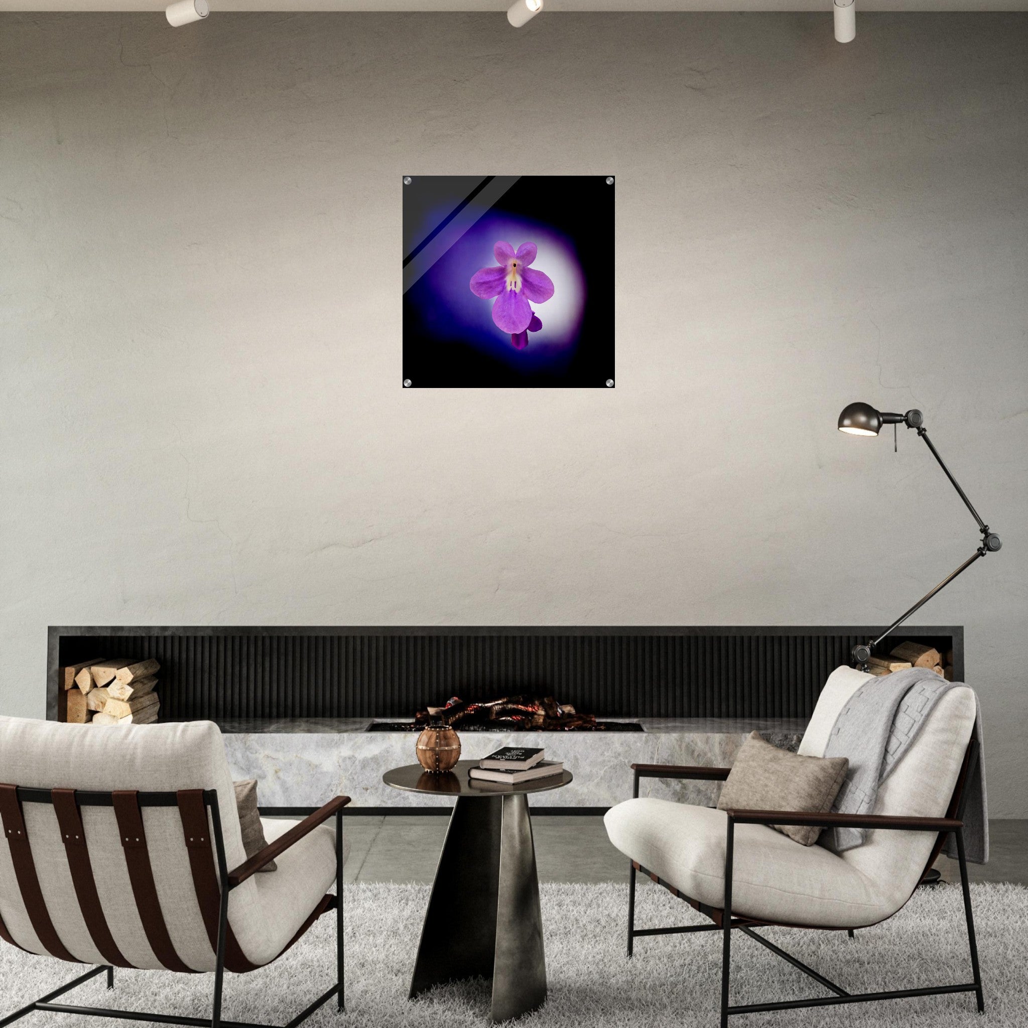 Acrylprint van een prachtige lichtbol met op de voorgrond een paarse bloem