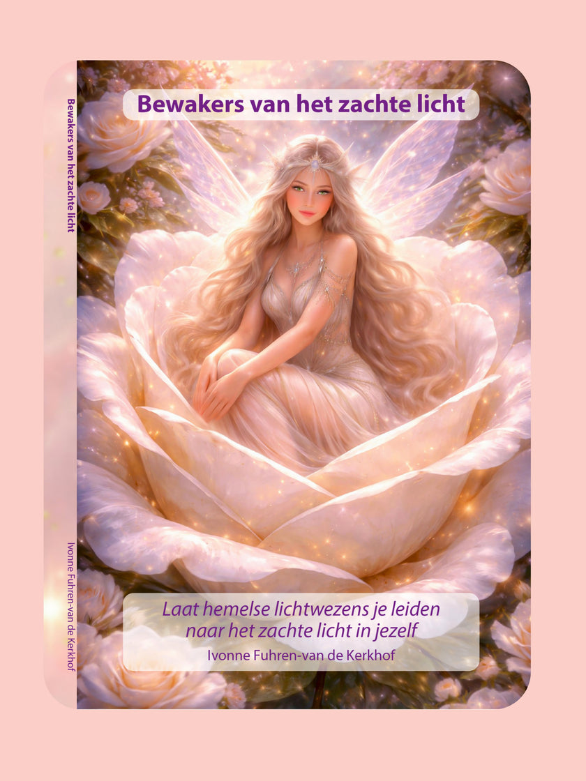 Prachtige afbeelding van het boek bewakers van het zachte licht, van een deva zittend in een witte roos. Dit is een meditatief boekje met handgemaakte kunstwerken