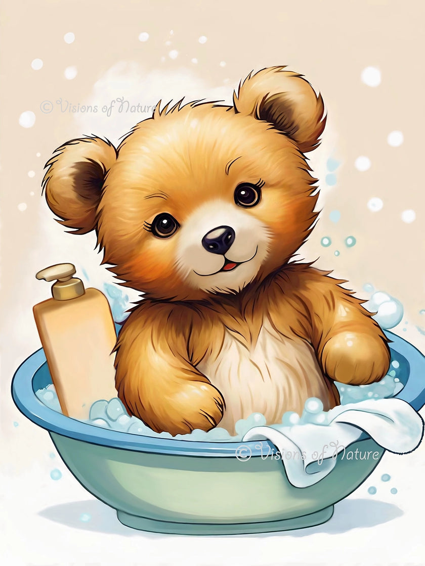 Foto van een hoogwaardige artprint van een schattig beertje dat geniet van een schuimbad. De print toont warme, zachte kleuren en liefdevolle details die speelsheid en blijdschap uitstralen. Het kunstwerk is gedrukt op luxe Photo Paper Luster Pro van 240 gram met een zijdeglans afwerking, waardoor de kleuren levendig en de details haarscherp zijn.
