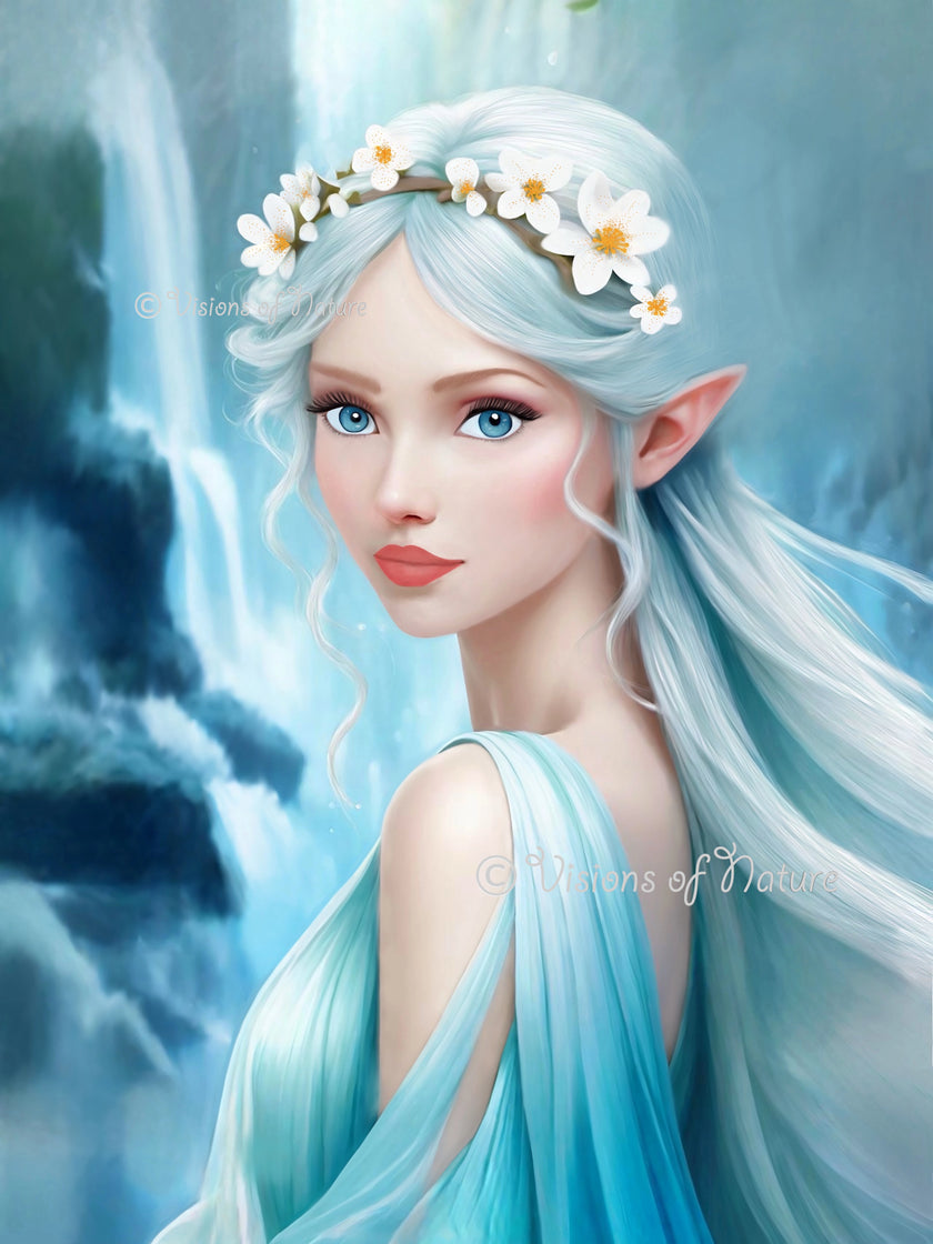 Kunstwerk met elfje bij waterval in blauw witte tinten