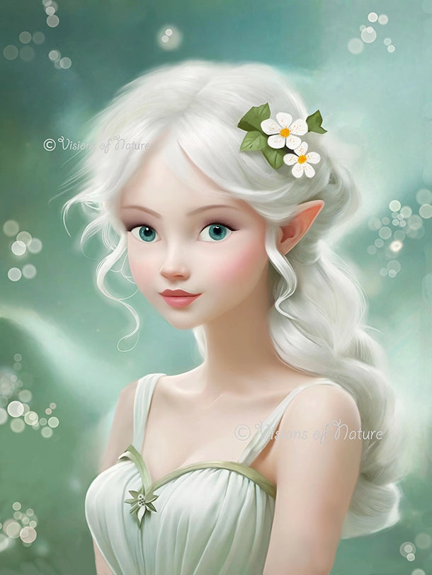 Kunstwerk met elfje in zachtgroene tinten