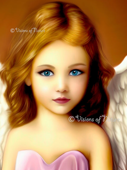 Foto van een handgemaakte digitale artprint van een engeltje met goudblond haar en diepblauwe ogen. Het engeltje straalt warmte, zachtheid en onvoorwaardelijke liefde uit en nodigt uit tot stilstand bij de kleine wonderen van het leven. Gedrukt op luxe Photo Paper Luster Pro van 240 gram met zijdeglans afwerking, waardoor de levendige kleuren en fijne details prachtig tot hun recht komen. Geschikt als decoratie, troostend beeld of betekenisvol cadeau.