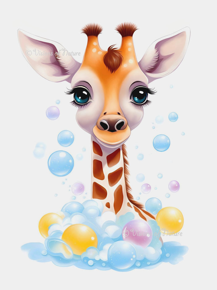 Handgemaakte tekening van een schattig girafje in een badje vol zeepbellen. Het girafje steekt zijn lange nek erboven uit en kijkt met grote, liefdevolle ogen. De vrolijke, zachte kleuren geven een speelse en warme sfeer, perfect voor een kinderkamer of babykamer.