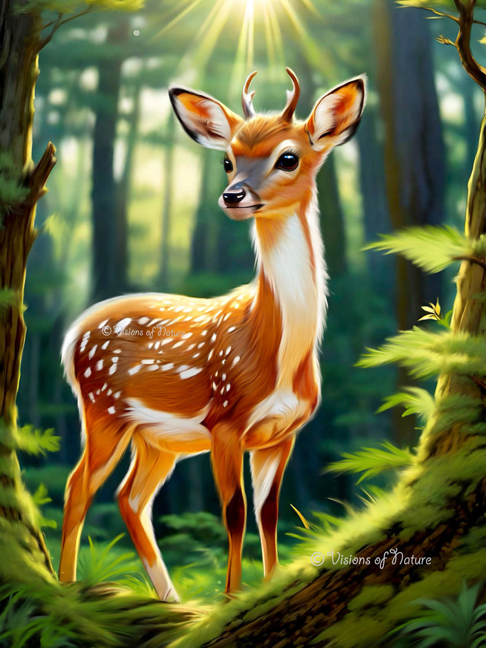 Handgemaakte tekening van een statig hert in een bos, omringd door weelderige groene vegetatie. Zachte zonnestralen vallen door de bomen en verlichten het hert, dat oplettend en liefdevol kijkt. Het kunstwerk straalt rust, harmonie en de schoonheid van de natuur uit, net echt.