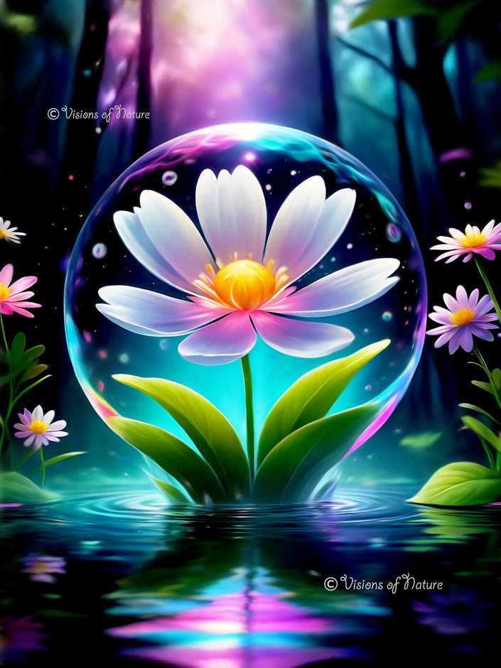 Foto met een afbeelding van een schitterend gemaakte handgemaakte tekening van een kosmische kleurrijke lotusbloem, nog beschermt door een waterbol, klaar om zich volledig te openen voor het licht en tot bloei te komen 