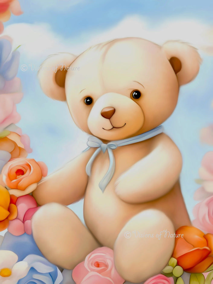 Handgemaakte tekening van een schattig beertje omringd door zachte pastelkleurige bloemen. Het beertje straalt warmte, liefde en geborgenheid uit, met een lichte en dromerige uitstraling, perfect voor een kinderkamer of babykamer.
