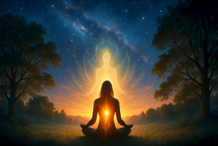 Schitterende afbeelding van een mediterende vrouw onder verlichte sterrenhemel met verlichtend hogere zelf in een natuurlijke omgeving