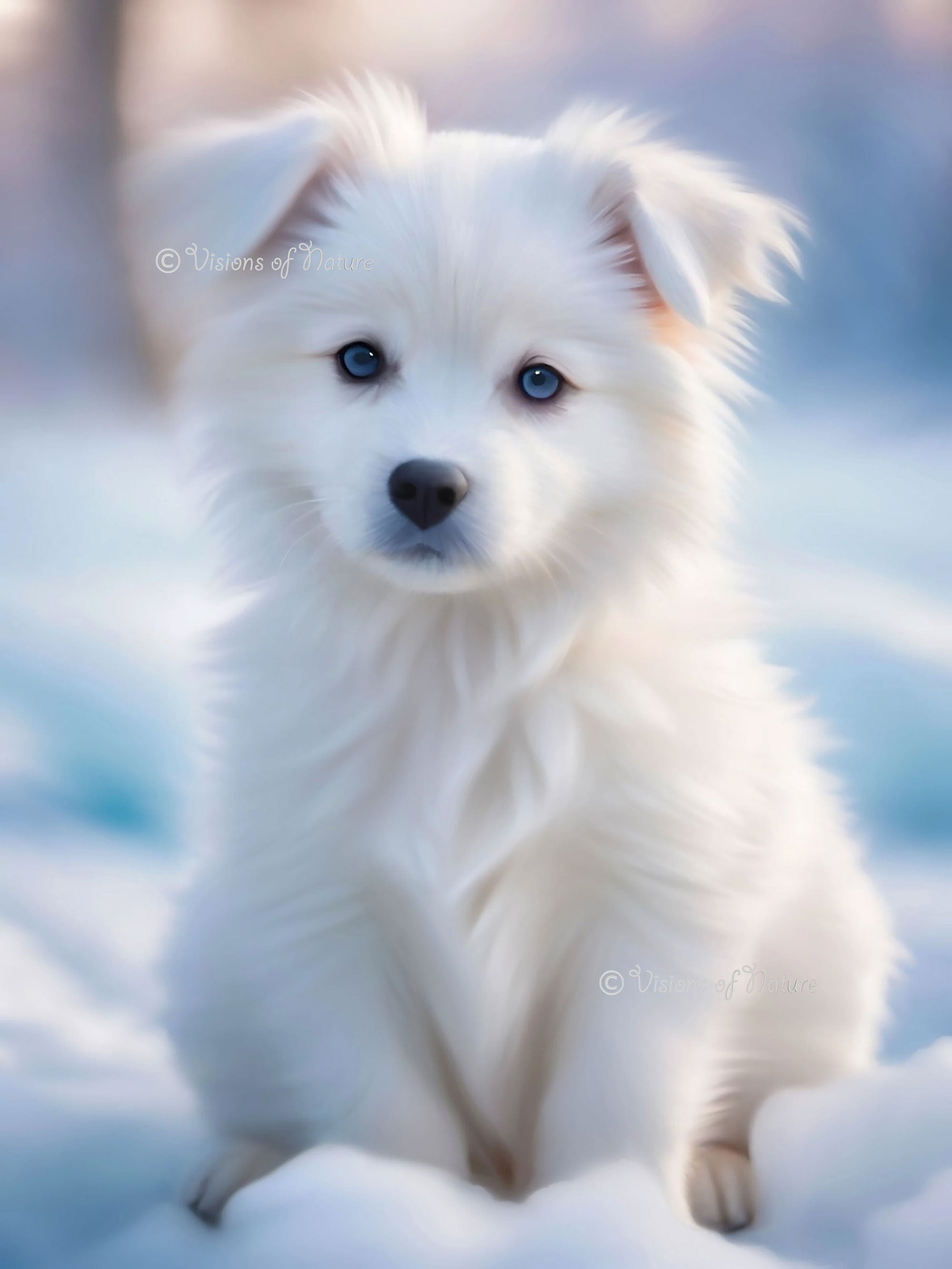 Prachtige foto van een handgemaakte tekening van een wit hondje zittend in sneeuw met een zachte pastelkleurige achtergrond