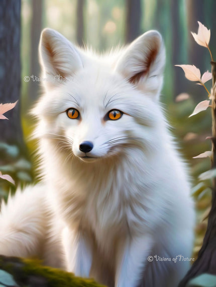 Een prachtige foto met een kunstwerk met een witte vos, stralende ogen in een zachte bosrijke omgeving 