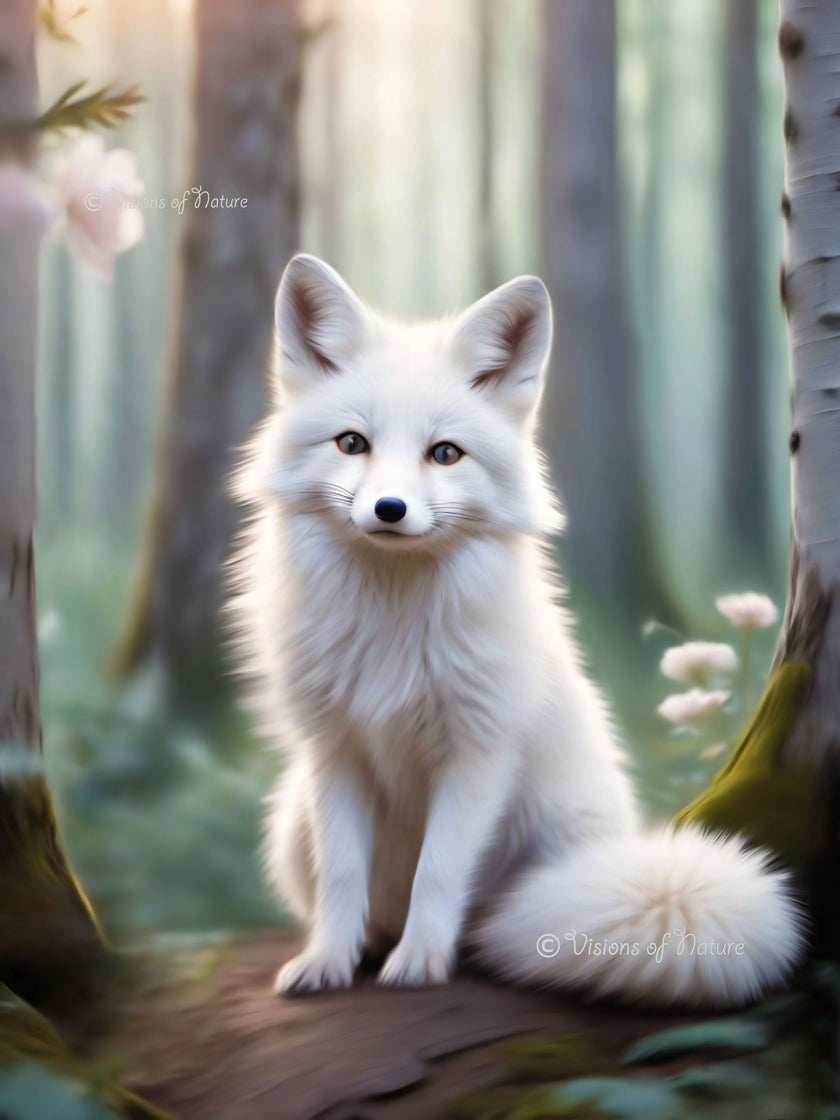 Prachtige foto van een handgemaakte tekening van een schattige witte vos in een bos omringd met pastelkleuren en zachtroze bloemen