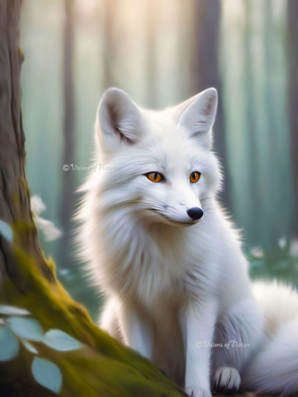 Foto met een afbeelding van een handgemaakt kunstwerk van een witte vos in zachte tinten in een bos, zittend aan de voet van een boom bedekt met mos 