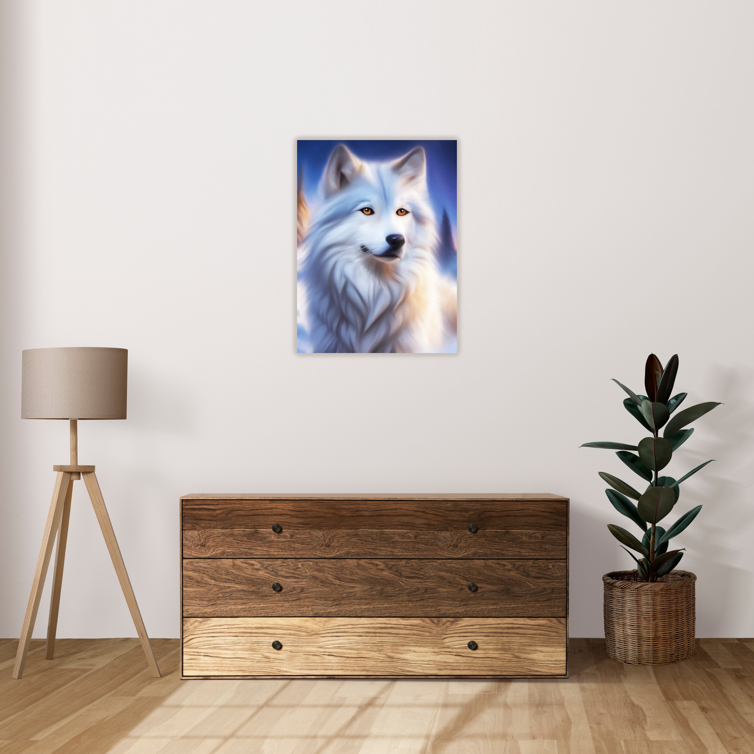 Pasteltekening toegepast als wanddecoratie van een witte wolf met zachte vacht in wit en grijs, intense ogen en een serene, blauwe achtergrond. De wolf straalt liefdevolle bescherming en wijsheid uit, met een kalme, mystieke aanwezigheid die uitnodigt tot reflectie en innerlijke verbinding.
