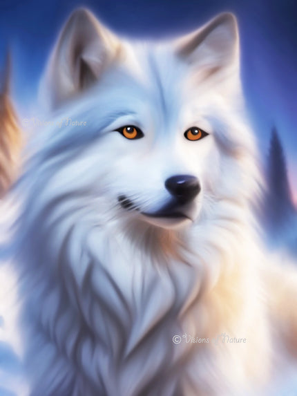 Pasteltekening van een witte wolf met zachte vacht in wit en grijs, intense ogen en een serene, blauwe achtergrond. De wolf straalt liefdevolle bescherming en wijsheid uit, met een kalme, mystieke aanwezigheid die uitnodigt tot reflectie en innerlijke verbinding.