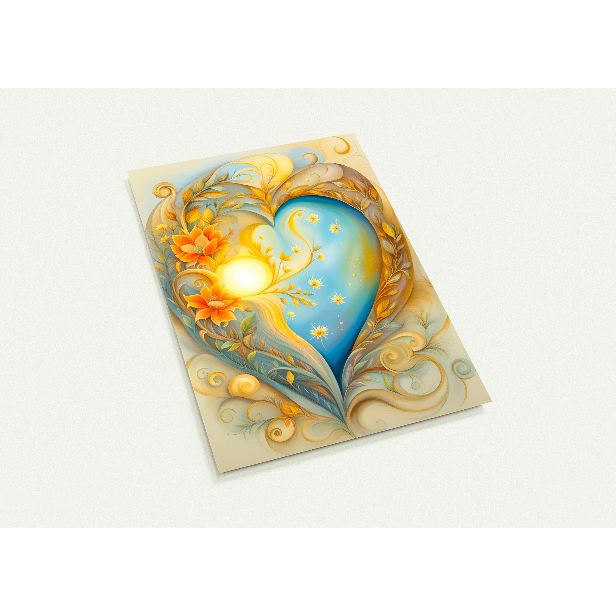 Kaartenset met een liefdeshart met licht, bloemen en spiralen