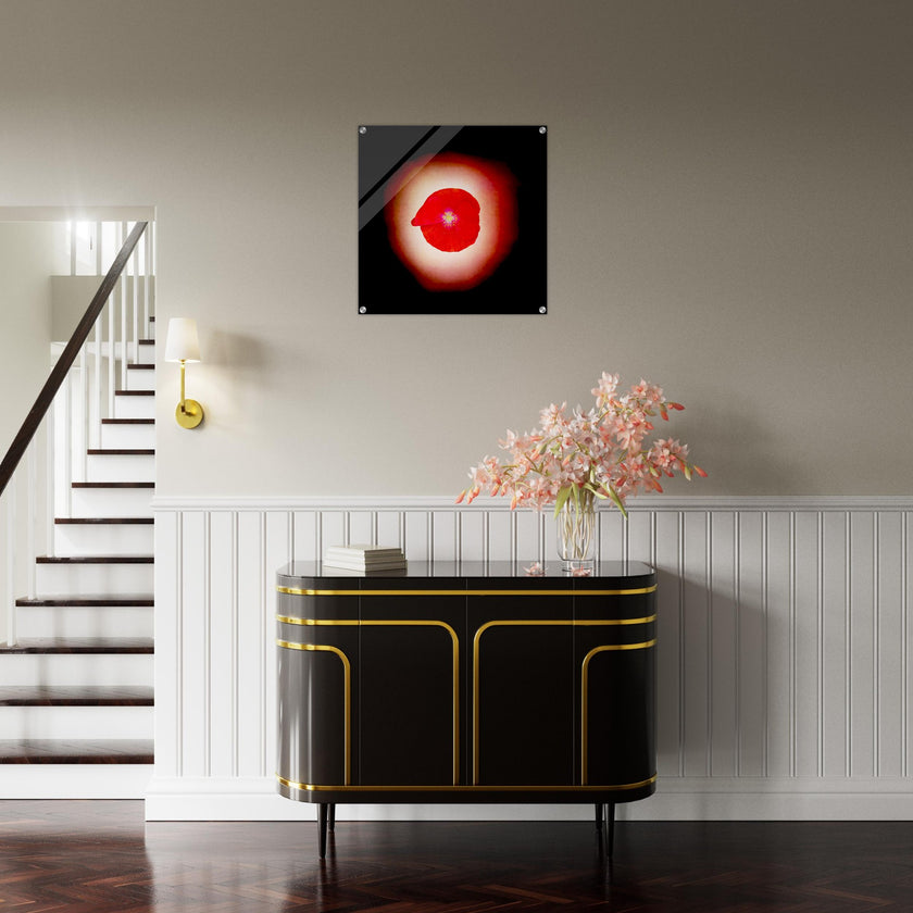 Acrylprint van een prachtige rode lichtbol met op de voorgrond een klaproos