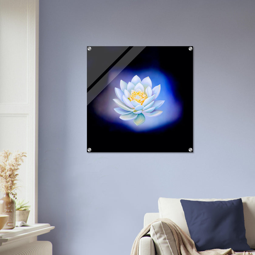Acrylprint van een prachtige blauwe lichtbol met op de voorgrond een lotusbloem